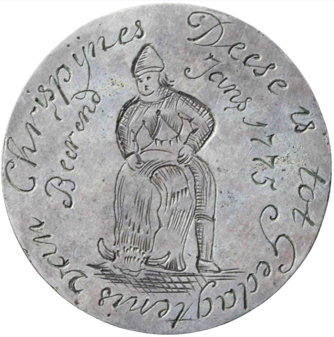 Dit is de penning van het schoenmakersgild

Deese is tot gedagtenis van sint Chrispijns

Beerend Jans 1775